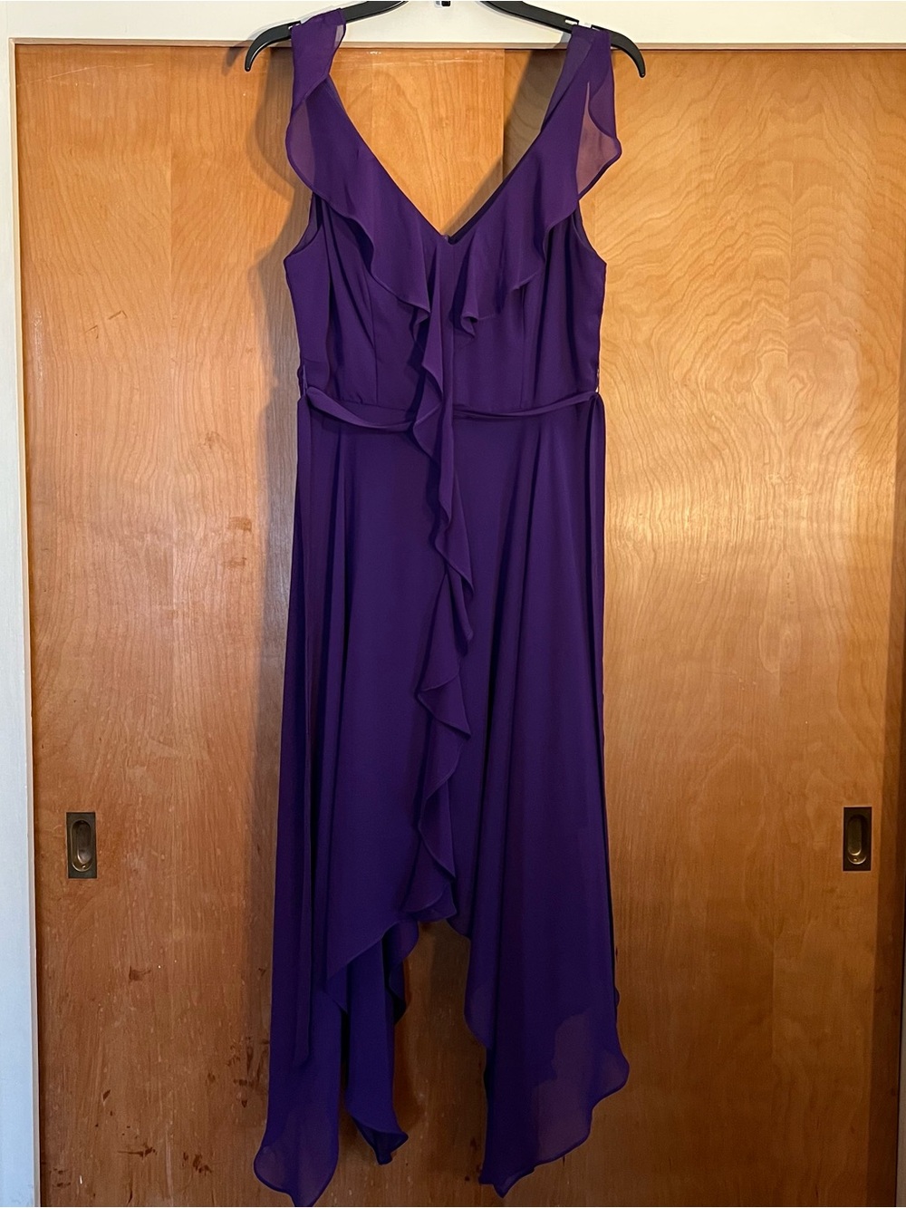 V-Neck Purple Ruffle High-Low Dress